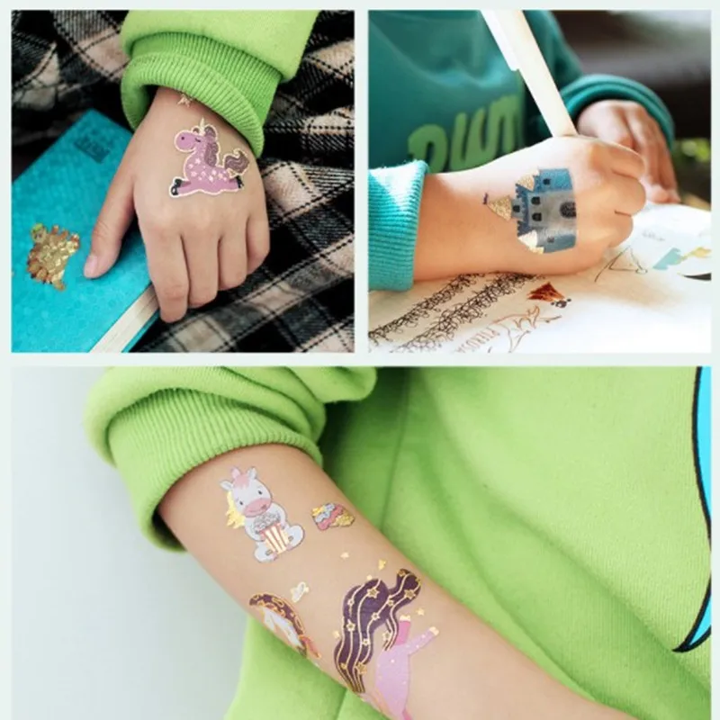 5pcs Gold Unicorn Children DIY Temporary Tattoo Sticker Cute Cartoon Face Body Fake Tattoo Body Makeup Waterproof Face Stickers