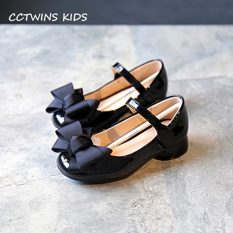 Kids Girls Party Princess Bow Shoes Pu Leather Mid Heel CCTWINS G1126