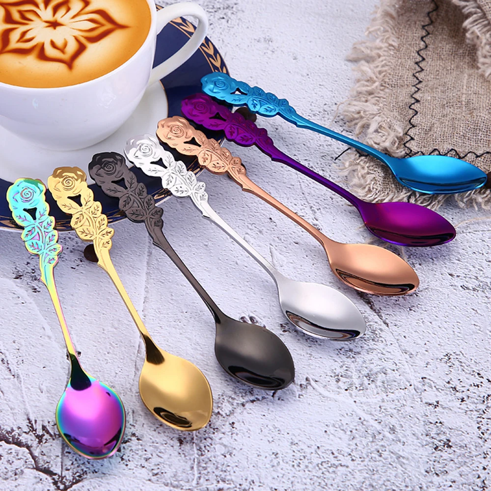 Gold Plated Teaspoon Long Handle Rose Flower Tea Coffee Spoon Tableware