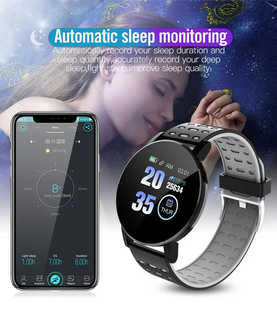 119 Plus Smart watch women Men Heart Rate Fitness Tracker Bracelet Waterproof Sport Round smart bracelet watch for Android IOS