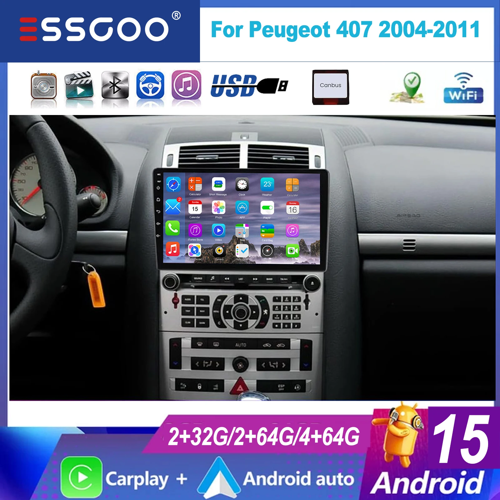ESSGOO Drahtlose Carplay Android Auto Für Peugeot 407 2004-2011 Auto Stereo Player WIFI GPS NAV Android 15 BT spiegel link SWC RDS