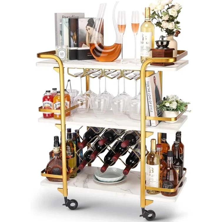 MDF and Metal Golden Living Room Mini Beverage Car Restaurant Side Cabinet Beauty Trolley Bar Cart Trolley