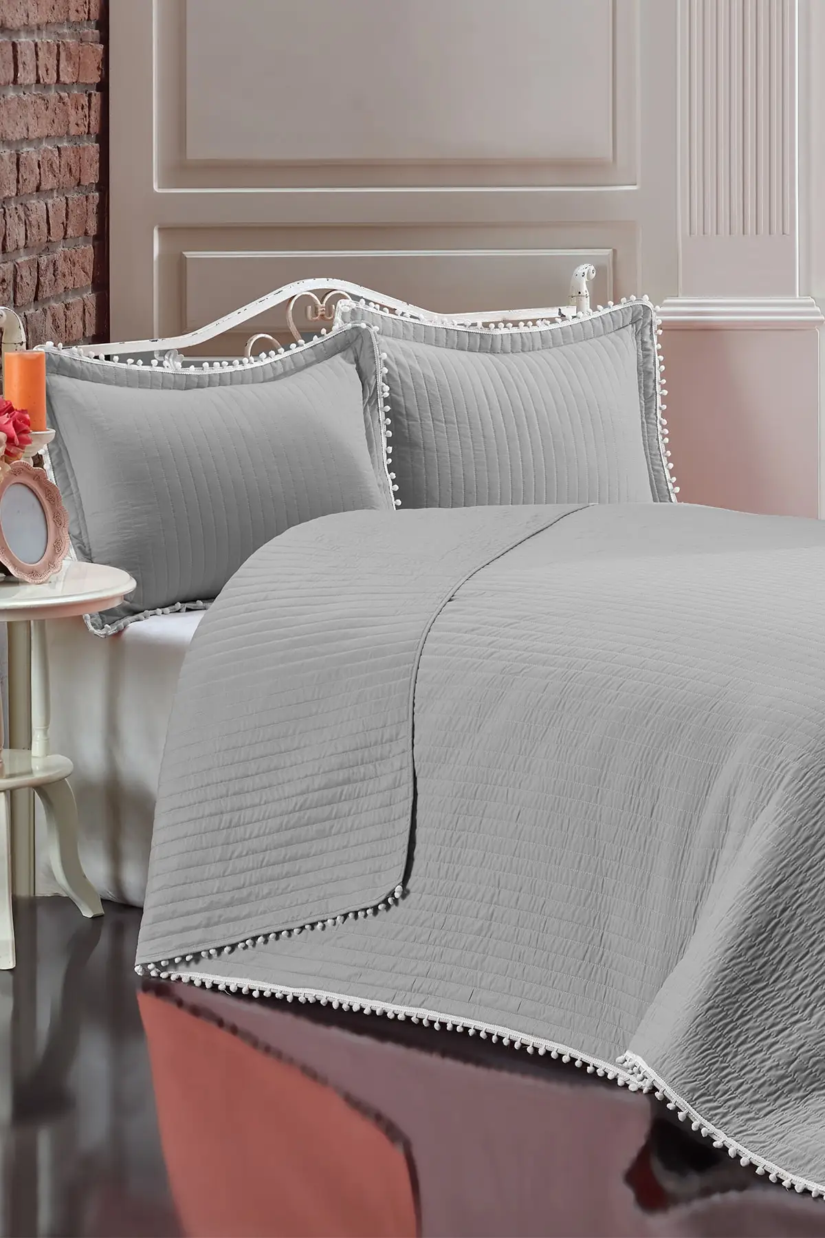 

Double 100% Cotton Bedspread (Pike) Set Grey 240x260 Cotton-Polyester Bed Sheet-Free Battal Boy