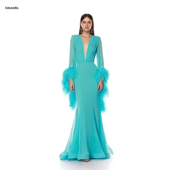 Amanda Customized Turquoise Deep V Long Sleeve Prom Dress Feather Cuff Mermaid Gown vestidos de noche Elegant Sheer Fabric 2025 1