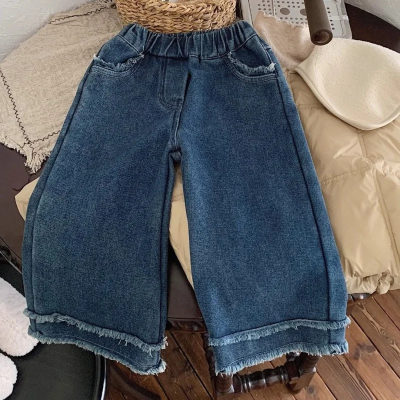 

Girls' Jeans Spring New Frayed Loose Casual Trousers Trendy Children One Piece Dropshipping