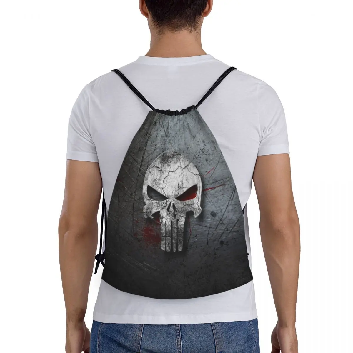 Skeleton Skull Heavy Metal Punishers Drawstring Backpack Women Men Sport Gym Sackpack Portable Shopping Bag Sack 5