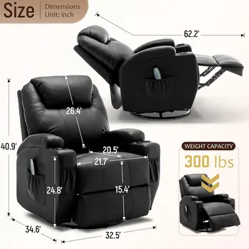 Rocking Chair with Massage and Heat, 360° Swivel Recliner Chairs for Adults, Rocker Manual Recliner with Remote Control 2