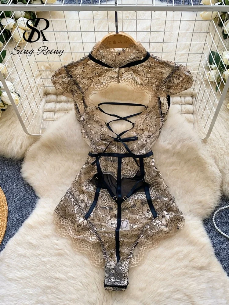 SINGREINY Lace Sheer Sexy Playsuits Female Hollow Out Mesh Cosplay Nightwear Floral Embroidery Slim Bodysuits_voghion.com