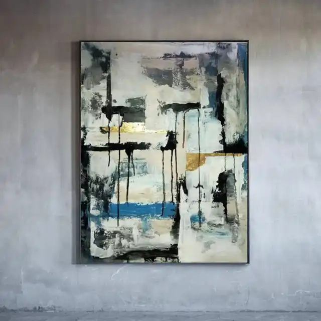 Hand Painted Large Textured Oil Painting Modern Acrylic Grey Gold Texture Drip Style Abstract Wall Art Picture Living Room Decor