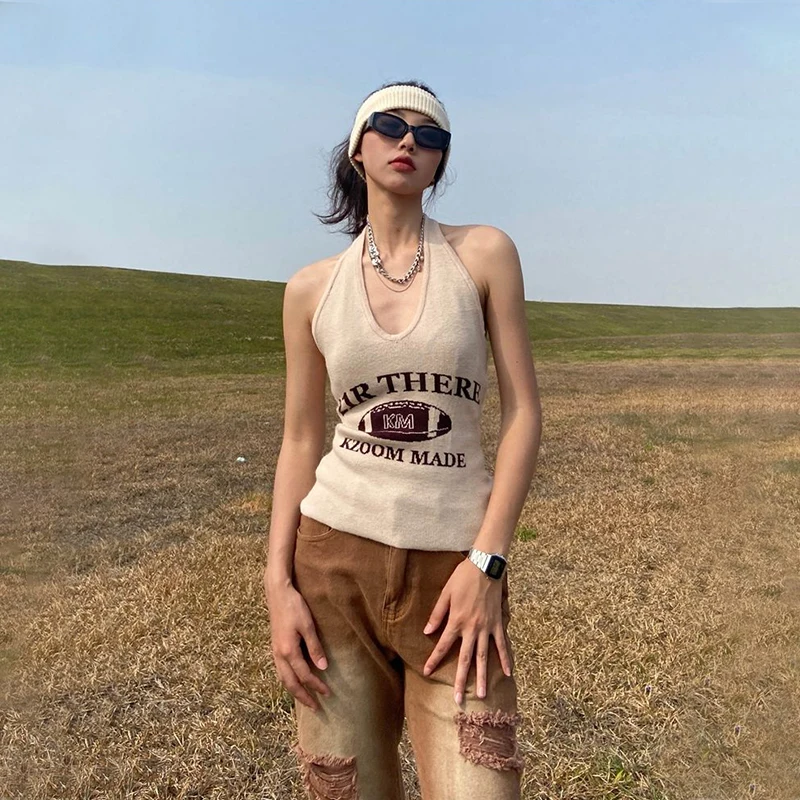

American Retro Style Alphabet Halter Neck Knitted Camisole Female 2022 Summer New Hot Girl Top Back Sexy Cutout Top