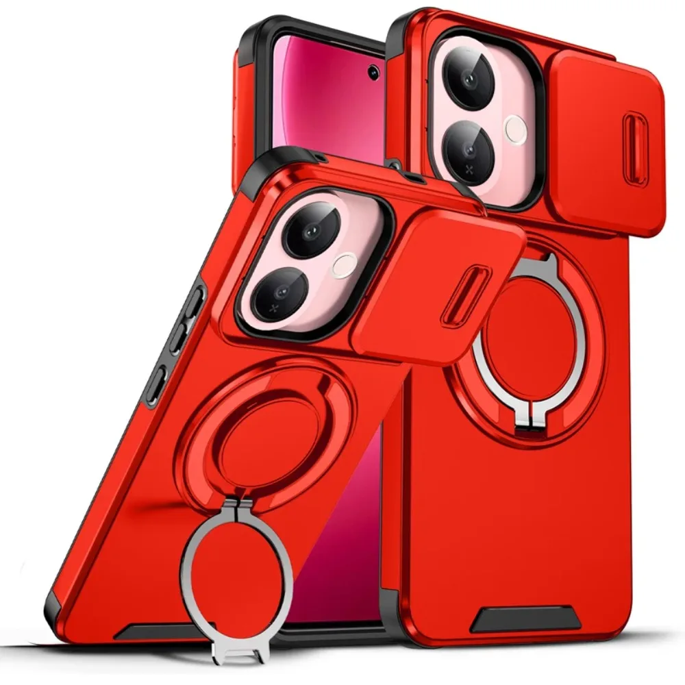 Heavy Duty Magnetic Metal Ring Phone Case - Shockproof Rugged Armor with Slide Camera Protector