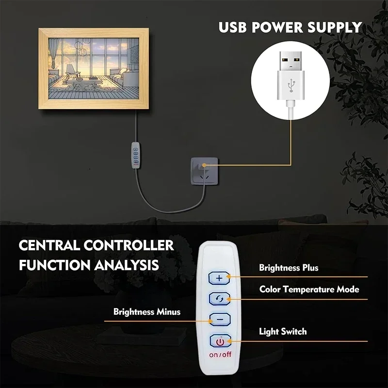 장 LED 조명 페인팅 USB 플러그, 조광 벽 아트워크 테이블 램프 선물, 실내 햇빛 창 나무 사진 야간 발광