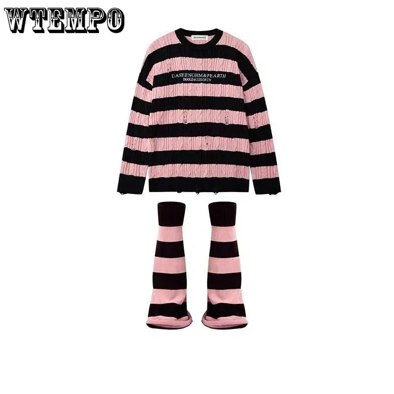 

WTEMPO Long Sleeve Striped Sweater with Legs Cover Women's Loose Hot Girl Top Sexy Suit In Autumn and Winter Sweater
