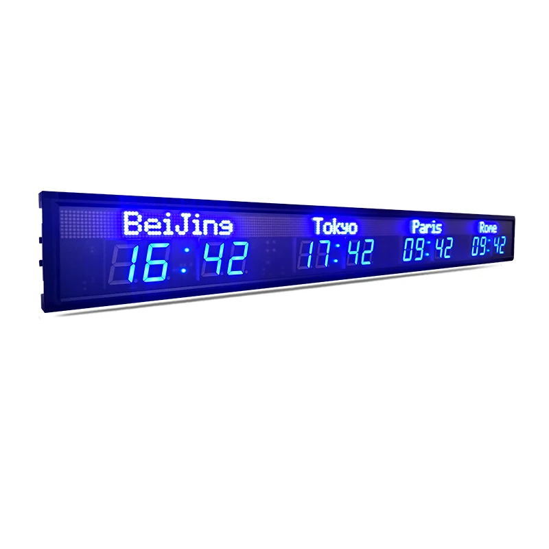 4 time zone clock, multi zone clock, LED digital world clock display screen, LED indoor all blue display screen 4