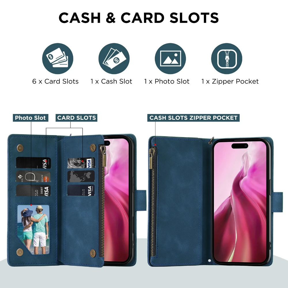 Crossbody Leather Wallet Phone Case with Strap and Stand Feature