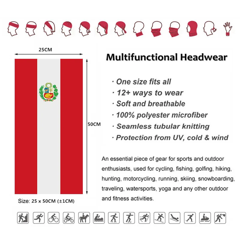 Peru Flag Pattern Bandana Outdoor Running Headband Cycling Scarf Women Neck Gaiter Cover Breathable Fishing Face Mask For Men