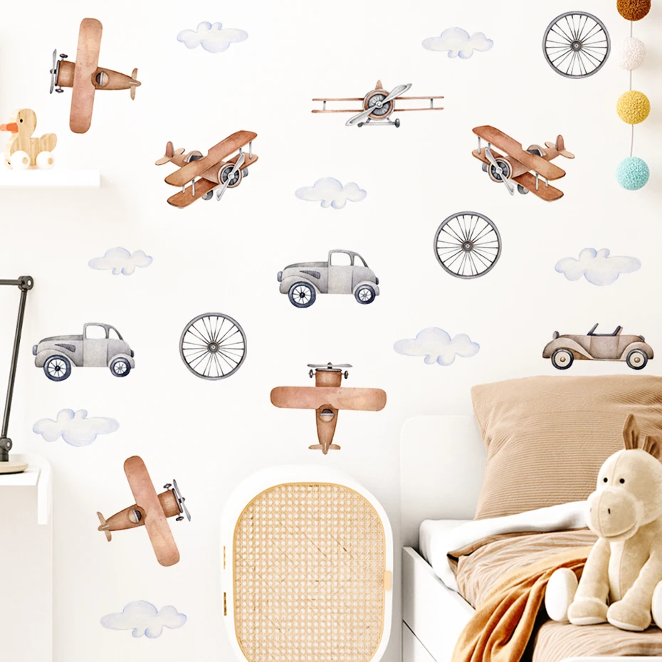Watercolor Cartoon Airplane Train Wall Stickers Hot Air Balloon Stickers for Kids Room Nursery Decoration Wall Decals wall stickers vinyl decal stickers children room decoration
