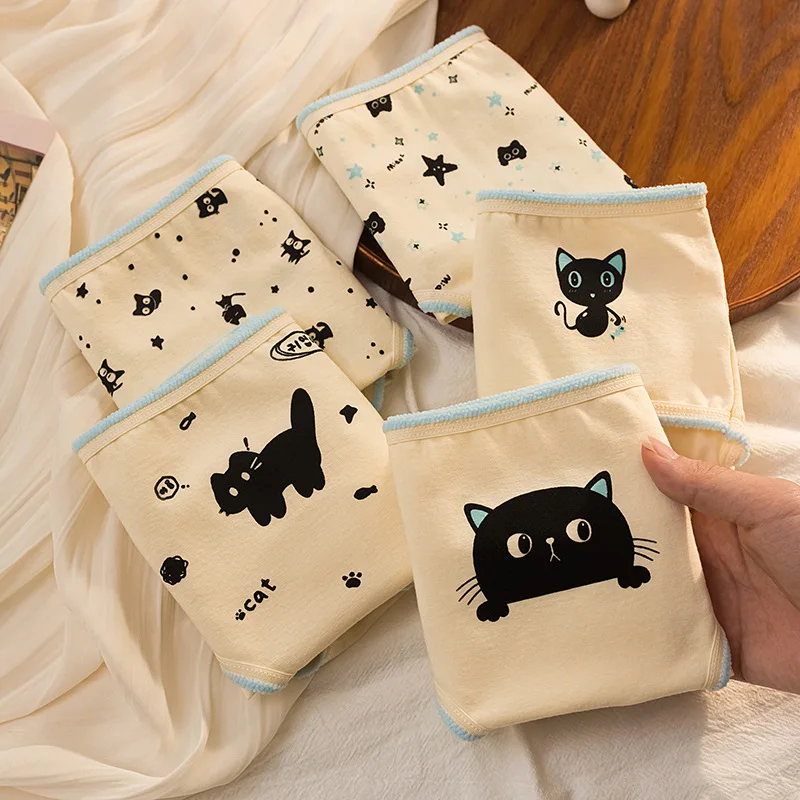 5 قطعة/المجموعة جديد سراويل النساء ملابس داخلية قطنية الفتيات لطيف ليتل القط الأسود ملخصات الإناث لينة تنفس الإناث مثير الملابس الداخلية