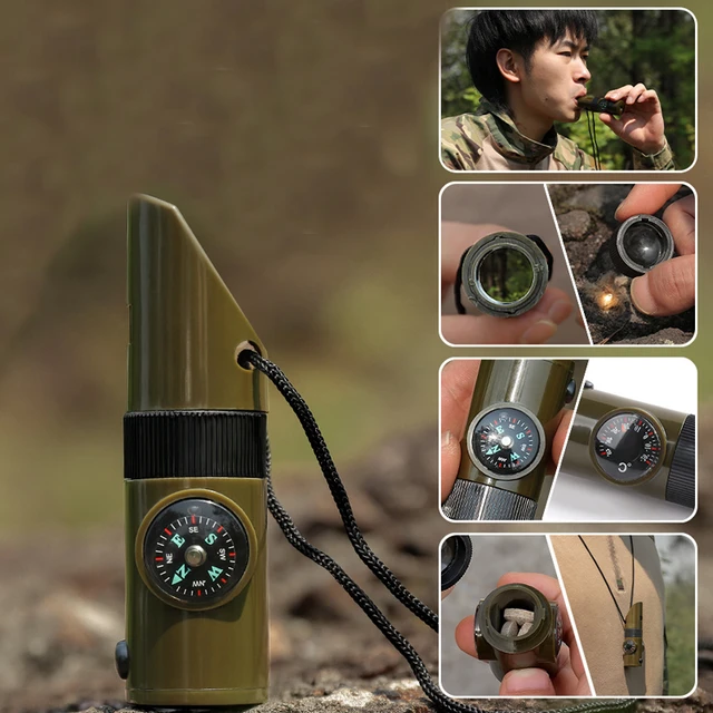 7 in 1 Survival Whistle Compass Thermometer LED Flashlight Mirror Magnifier