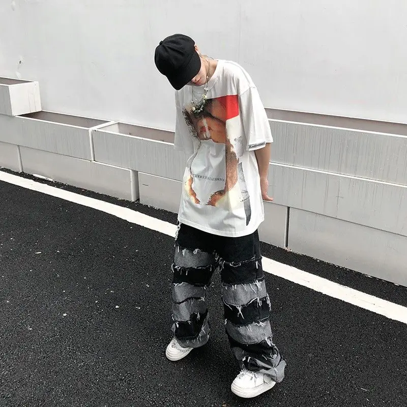Splicing Men's Jeans Women's Pants Youth Flanging Trendyol 2023 Trends Clothes Casual Printed Man Trousers Streetwear Baggy
