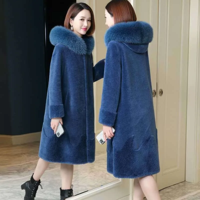 2023 Winter New Fox Fur Collar Fur Coat Women Thickened Thermal Large Size Long Outwear Fashion Casual Hooded Parkas Mom Outfit
