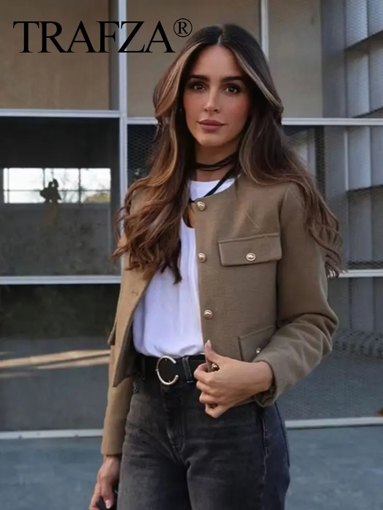 TRAFZA Women Elegant Cropped Jacket 2024 Women's Fashion Jacket O-Neck Long Sleeved Flip Pocket Coat Female Casual Outwear Tops 3