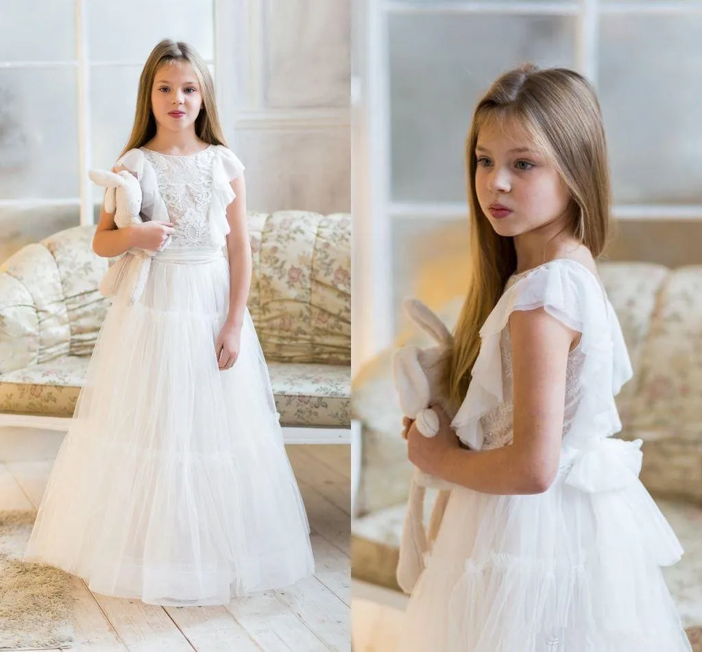

White Flower Girl Dress Tulle Puffy For Wedding Applique Sleeveless Birthday Party Pageant Wear First Communion Ball Gowns