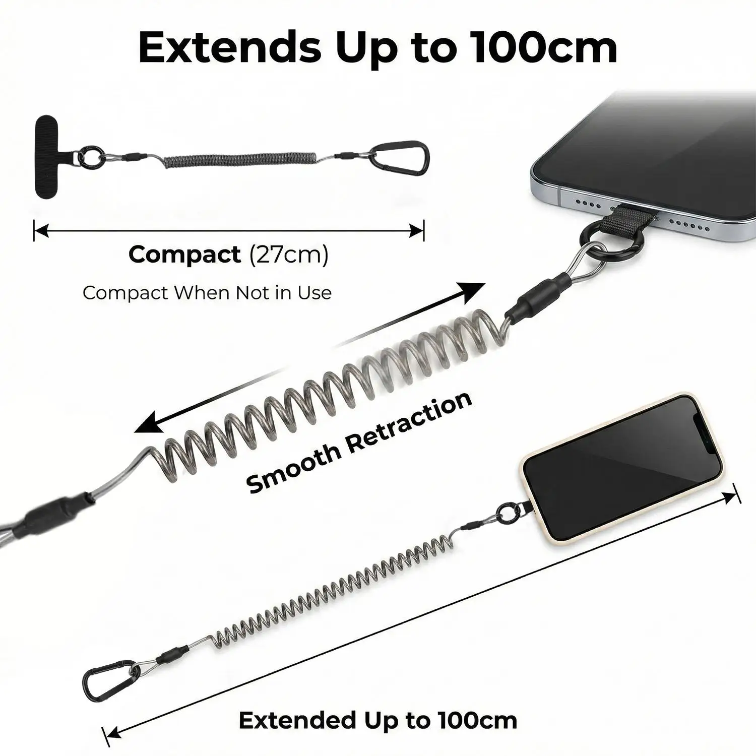 Coiled Anti-Theft Retractable Phone Lanyards with Tether Tabs - Outdoor Anti-Fall Straps (1-3 Pack)