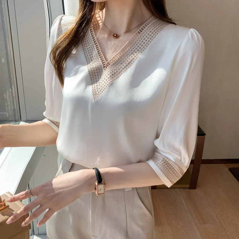 White Lace V Neck Chiffon Blouse for Women