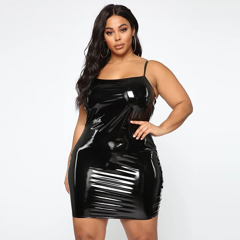 Plus Size Women PU Leather Dresses Sexy Halter Spaghetti Straps