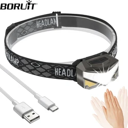BORUiT Motion Sensor LED Headlamp Type-C Rechargeable Headlight Red Warning Light Head Torch Waterproof Camping Lantern with Hoo