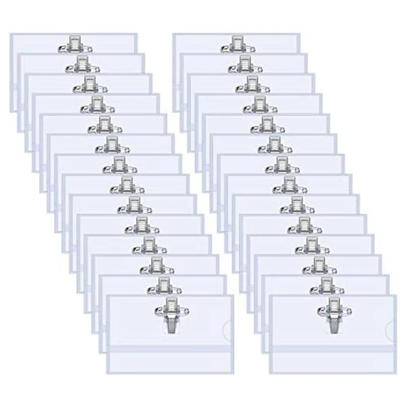 

100 Piece Pin Style Clip Horizontal Name Badge Holders With Inserts Fit Card 90X55mm Transparent