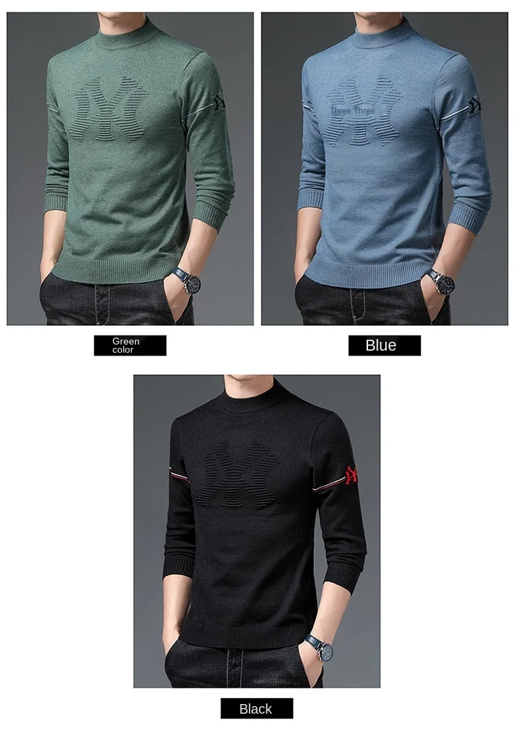 black sweater men Top Grade Half Turtleneck Jacquard Sweater Men Fashion Luxury Knit Winter Warm Woolen Trendy Pullovers Casual Male Base Shirt men's round neck sweaters