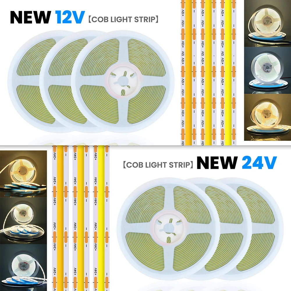 12V 24V COB LED Strip Light 320 480 528 LEDs Flex Tape High Density Linear Lighting Warm Natural White 8mm PCB 0.5m 1m 2m 5m 10m 4