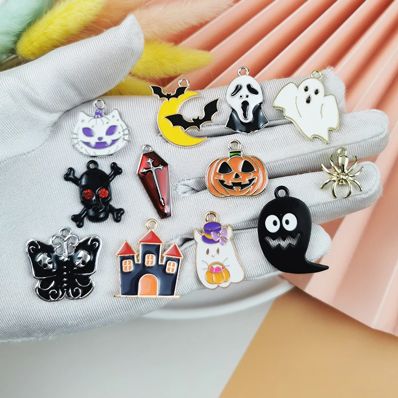 48Pcs Mix 12 Styles And 1Box Cartoon Halloween Enamel Charms Pumpkin Ghost Bat Cat Pendants for DIY Jewelry Making Party Gifts