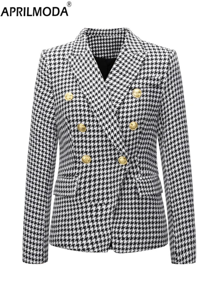 

2024 Vintage Double-Breasted Houndstooth Jackets Blazer for Women Wear to Work Office Outfits Autumn Winter Outerwears Blazers