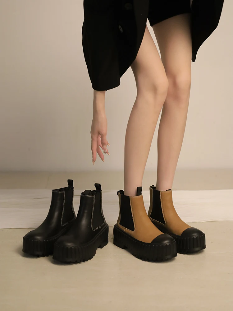 

Брендовые женские ботинки в стиле "Лолита", женская обувь-Женские Ботинки Челси с круглым носком, Модные осенние римские ботильоны из искусственной кожи на высоком каблуке, 2023