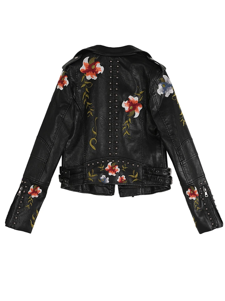 FAUX LEATHER TUCK ジャケット Ftlzz Women Floral Print Embroidery Faux Soft Leather Jacket