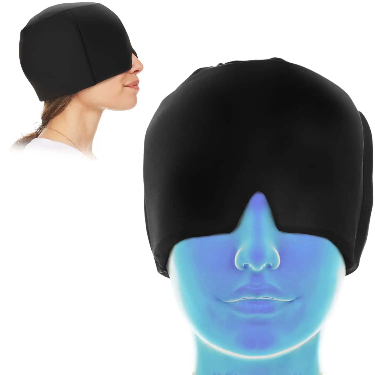 

Form fitting migraine relief ice head wrapping headache and migraine hat cold and hot treatment to relieve puffy eyes, tension