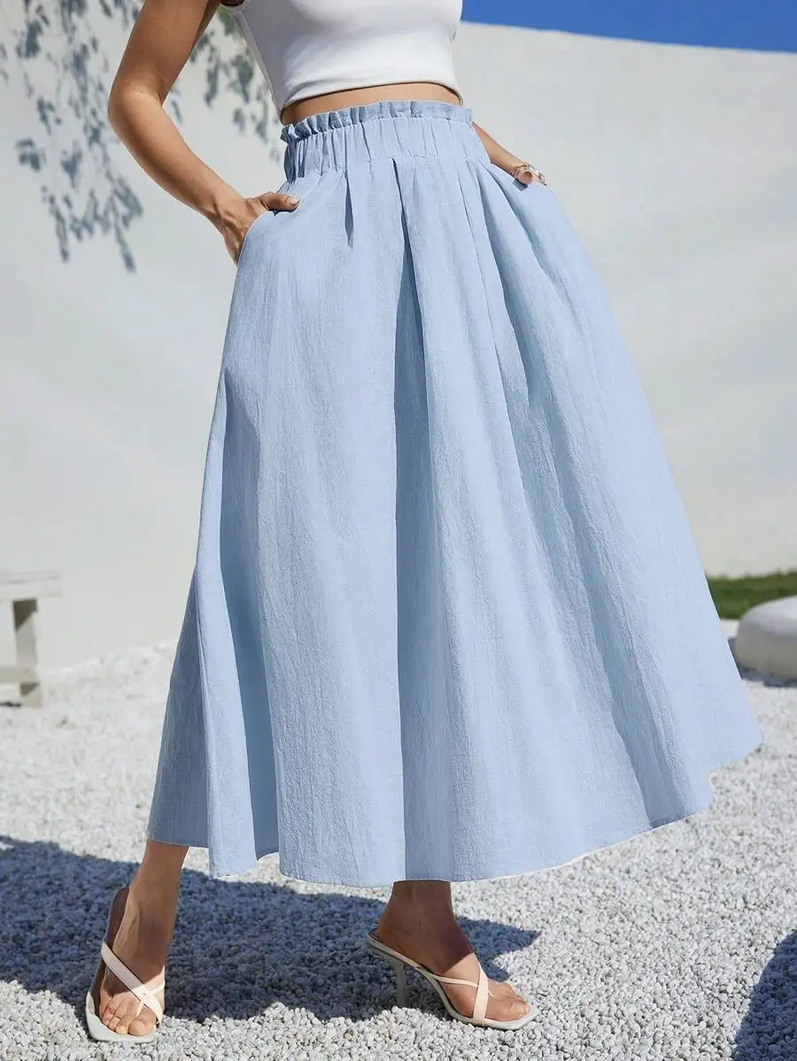 866227-dbcd3d.jpg Light Blue High Waist A-Line Linen Midi Skirt for Summer Casual Wear - Image 1