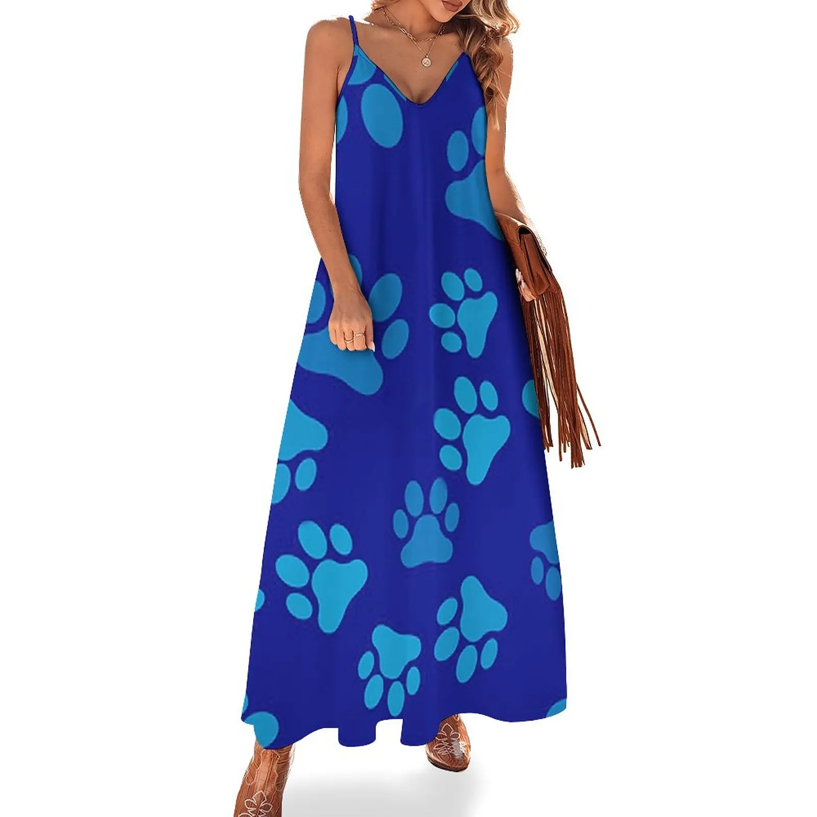 

Blue pattern with doodle dog Puppy paws Footprints Sleeveless Dress summer dresses women 2023 Woman dresses