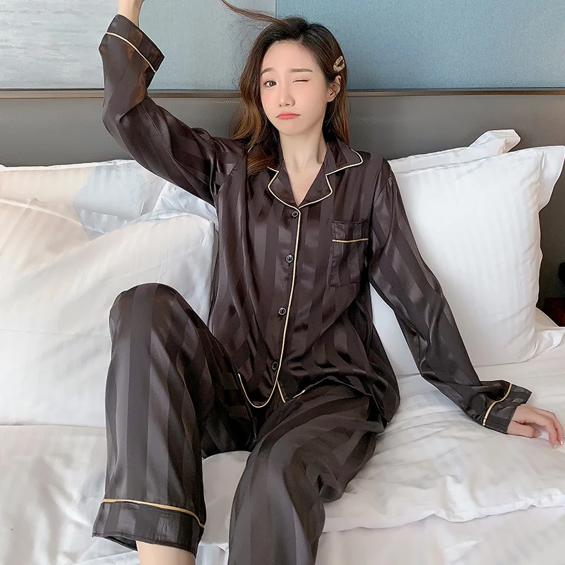 Ice Silk Pajamas Two-Piece Female Spring And Autumn Long-Sleeved Pajamas Ladies Simulation Silk Sweet Striped Homewear Set