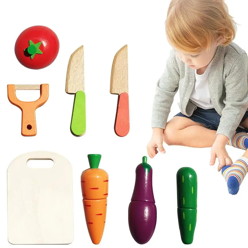 

Игрушка для резки еды, 8 шт., деревянные кухонные аксессуары, набор игрушек на водной основе, краска, магнитное соединение, ролевая еда с разделочной доской