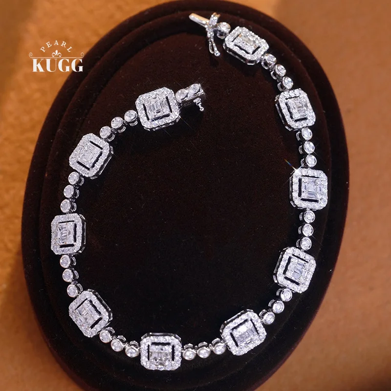 

KUGG 100% 18K White Gold Bracelet Luxury Square Design 2.45carat Real Natural Diamond Bracelet for Women High Wedding Jewelry