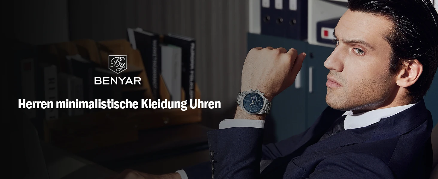 BENYAR Herren Chronograph Uhr, Hardlex Zifferblatt, Edelstahl Armbanduhr, Wasserdichte Business Sportuhr für Männer – Detail 1