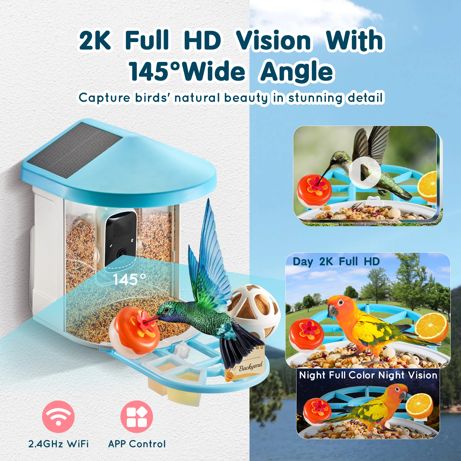 VEVOR Smart Bird Feeder with Camera 2K HD AI Identify 10000+ Bird Species Solar-Powered Watching Camera with Auto Capture