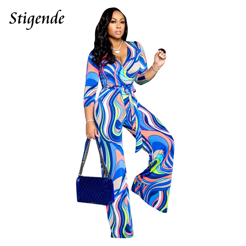 

Fashion Tie Dye Print Wide Leg Jumpsuit Women V Neck Loose Fit Bndage Overalls Casual Bodycon One Piece Pants