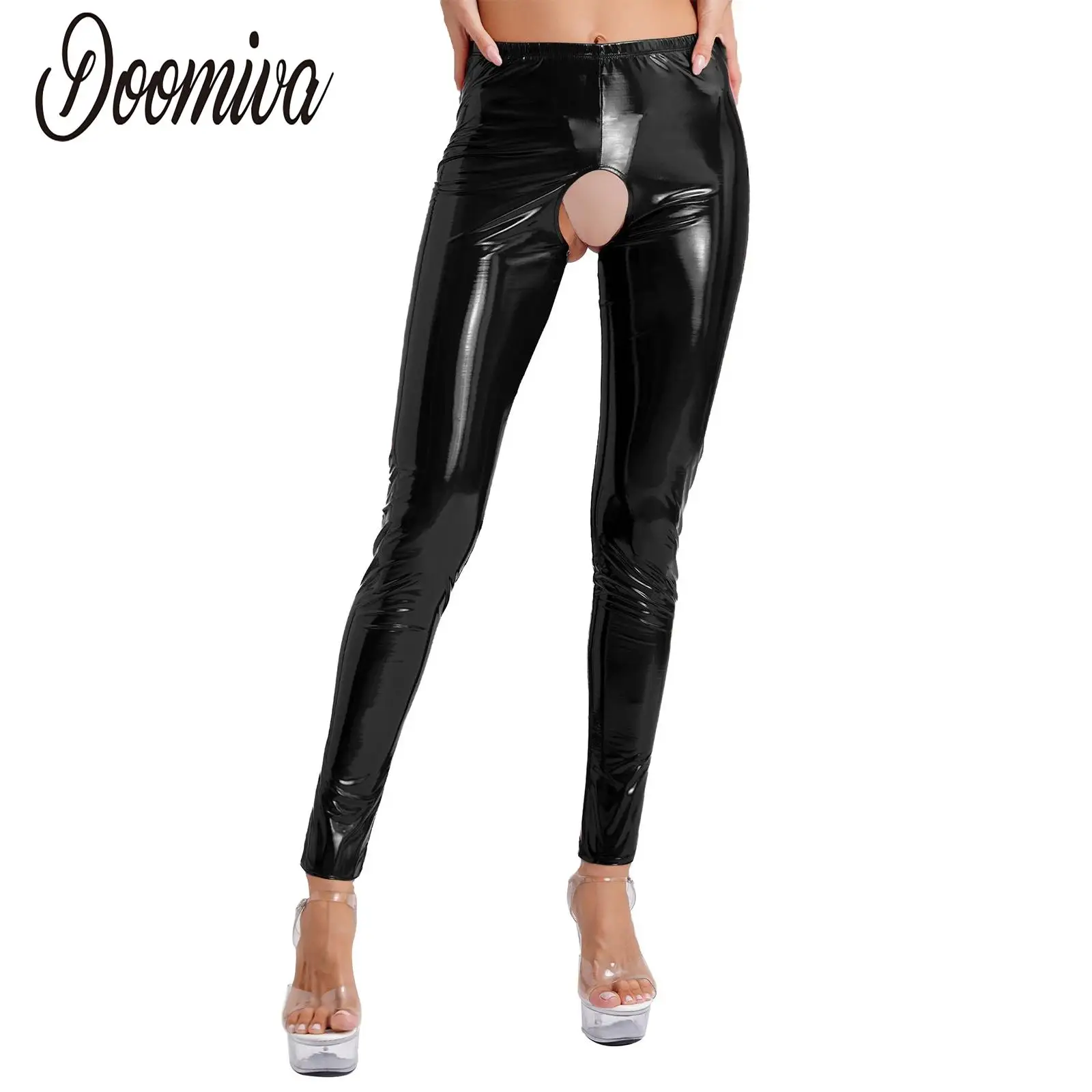 

Sexy Rave Party Women Patent Leather Crotchless Pants Glossy Elastic Waistband Leggings Wet Look High Waist Long Pants CLubwear