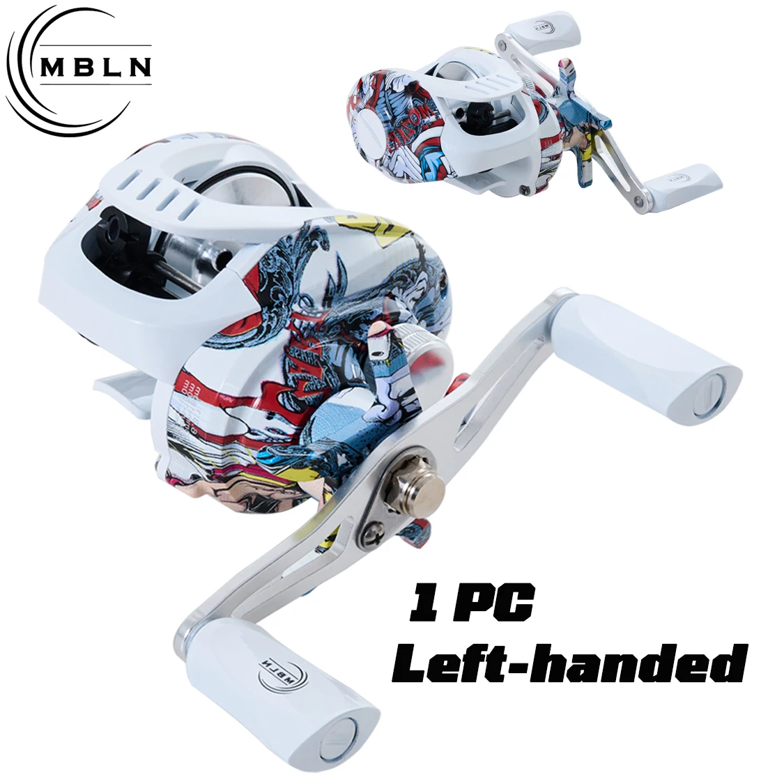 MBLN 1 Stück Baitcasting-Rolle, weißes Graffiti, Übersetzungsverhältnis 6,3:1, 3+1 Lager, Aluminiumspule, 10 Magnetbremsen, Keramikführung – Detail 14
