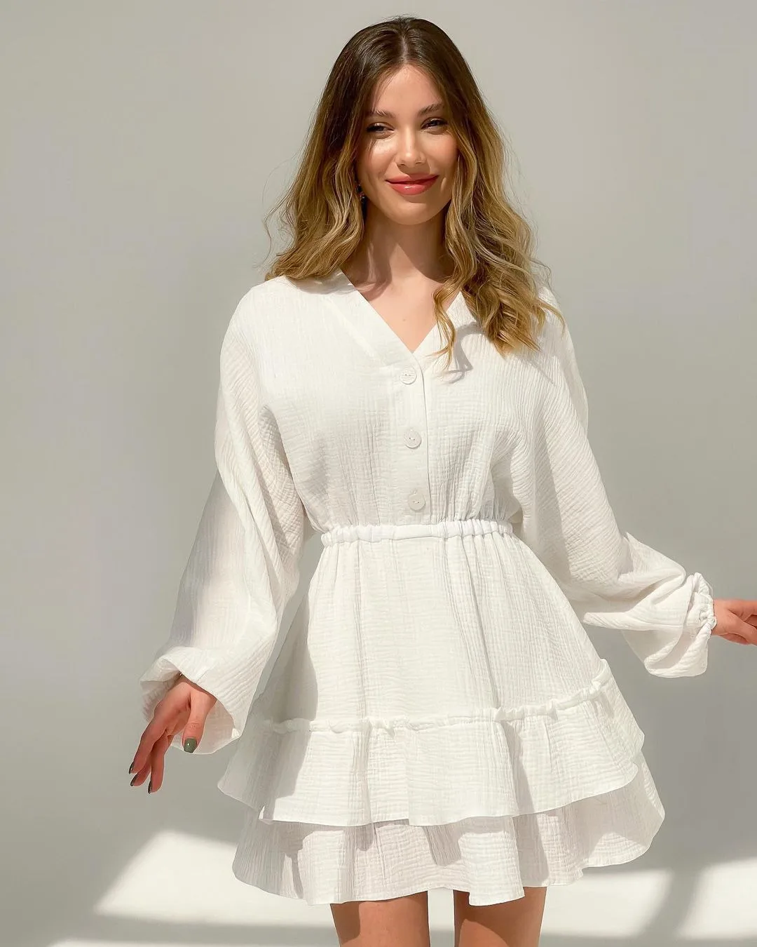 

Модное однотонное платье с длинным рукавом и V-образным вырезом, однобортное женское летнее приталенное ТРАПЕЦИЕВИДНОЕ короткое платье